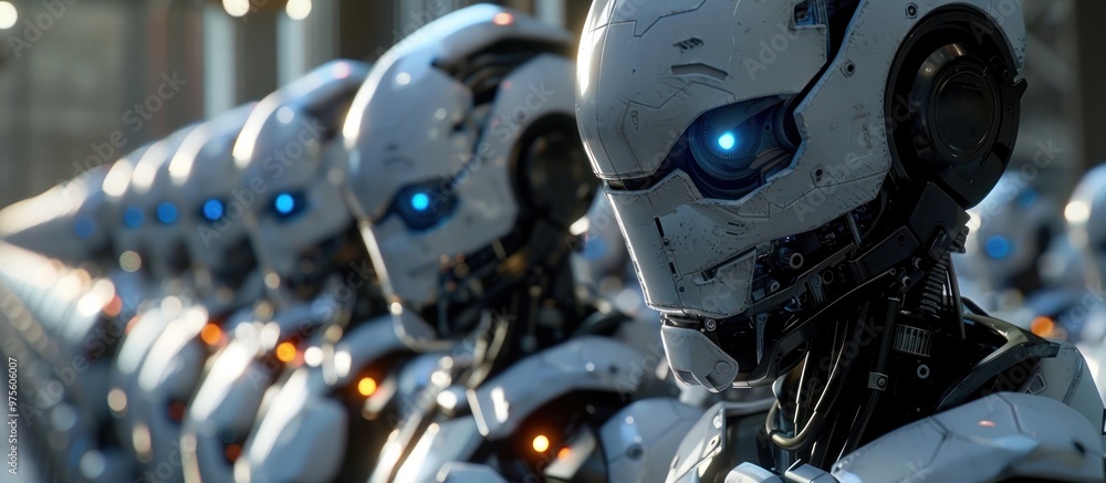 A row of advanced futuristic robotic automatons standing in an industrial technology driven setting showcasing the concept of intelligence automation and the future of engineering and innovation A row of advanced futuristic robotic automatons standing in an industrial technology driven setting showcasing the concept of intelligence automation and the future of engineering and innovation