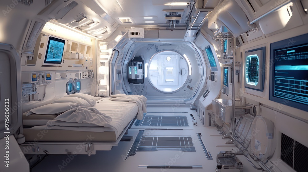 The interior design of a space station, with cutting-edge technology and living spaces for astronauts, focusing on comfort and efficiency. The interior design of a space station, with cutting-edge technology and living spaces for astronauts, focusing on comfort and efficiency.