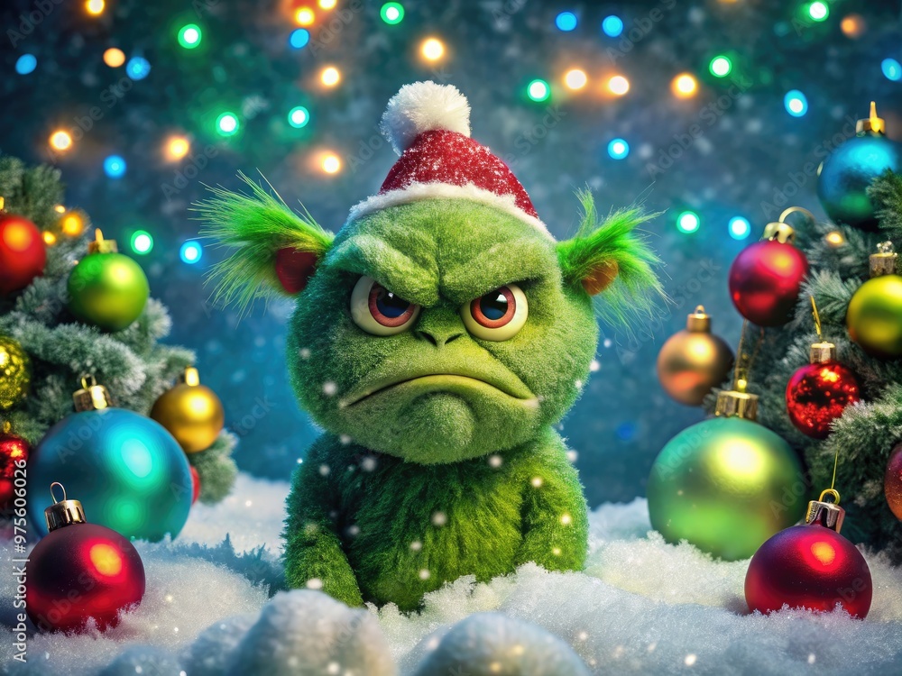 A grouchy, green creature scowls at a festive holiday scene, with sparkling snowflakes, twinkling lights, and colorful ornaments, amidst a snowy winter wonderland backdrop. A grouchy, green creature scowls at a festive holiday scene, with sparkling snowflakes, twinkling lights, and colorful ornaments, amidst a snowy winter wonderland backdrop.
