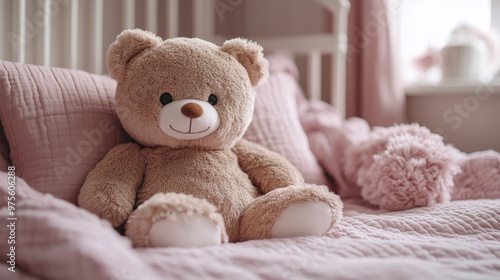 Teddy bear on a pink bed in a cozy bedroom. Childhood comfort and warmth concept