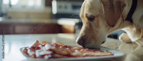 A golden retriever eyes a plate of bacon with irresistible temptation, capturing the quintessential canine yearning. photo