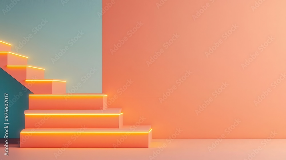 Abstract staircase made of bright neon lines leading upward, representing creative business success, climbing to success, innovation in business Abstract staircase made of bright neon lines leading upward, representing creative business success, climbing to success, innovation in business