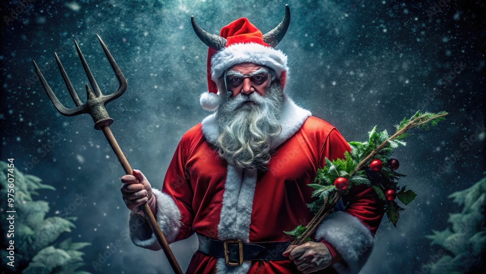 Obraz premium A horned, crimson-skinned figure in a Santa suit and festive hat holds a pitchfork amidst holly and mistletoe, surrounded by dark, eerie winter scenery.