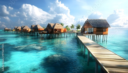 Overwater bungalows embracing the azure ocean, a tropical paradise of tranquility and luxury. The concept of travel, vacation, relaxation.