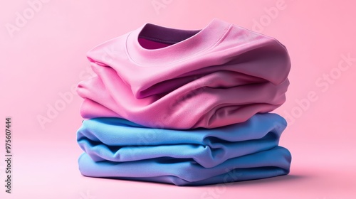 Colorful mockup featuring a stack of folded pink and blue square t-shirts, emphasizing neatness and color differentiation photo