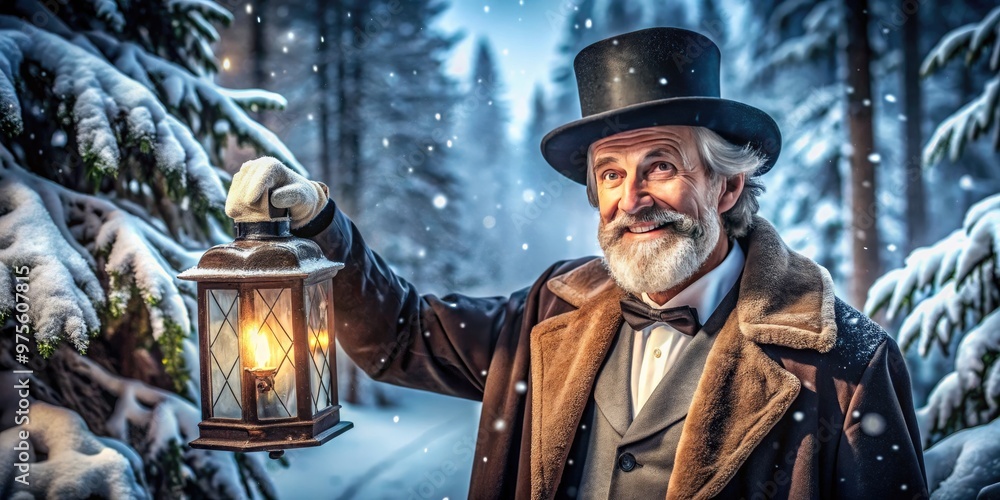 A jovial, bewhiskered gentleman in a luxurious coat and hat, holding a lantern and sack of gifts, stands amidst a snowy, lantern-lit winter wonderland scene. A jovial, bewhiskered gentleman in a luxurious coat and hat, holding a lantern and sack of gifts, stands amidst a snowy, lantern-lit winter wonderland scene.
