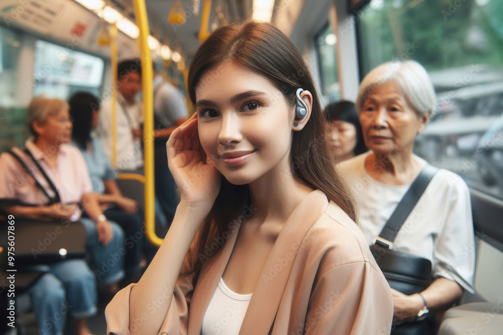Woman with hearing aids going about their daily lives, such as public transport, social gatherings. Woman with hearing aids going about their daily lives, such as public transport, social gatherings.