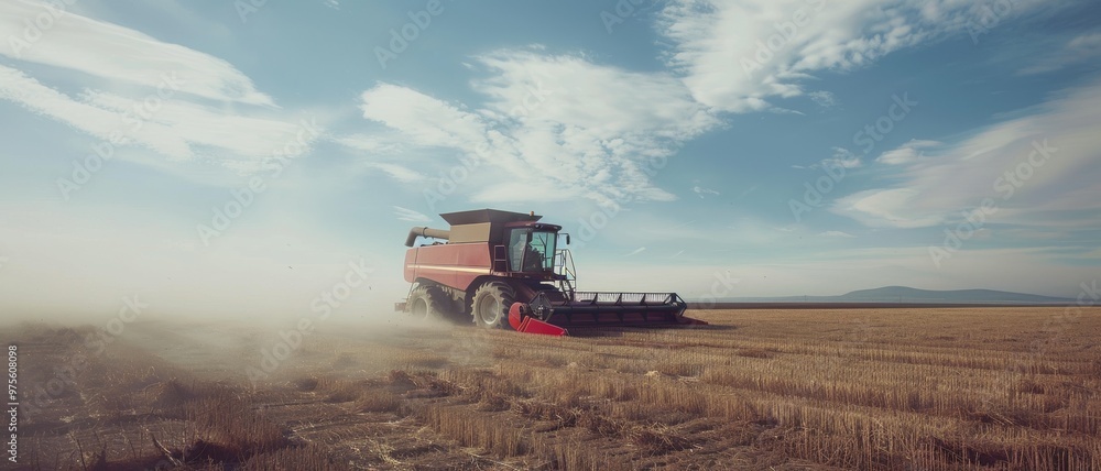 Fototapeta premium A red combine harvester works diligently in a vast field, raising a trail of dust under a brilliant blue sky scattered with wispy clouds.