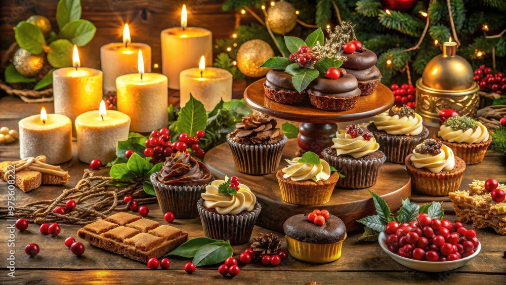 A lavish holiday spread features an array of sweet treats, including cupcakes, cookies, brownies, and fruit tarts, amidst festive holly, candles, and golden accents. A lavish holiday spread features an array of sweet treats, including cupcakes, cookies, brownies, and fruit tarts, amidst festive holly, candles, and golden accents.