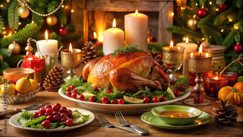 A lavishly decorated Christmas table features a delectable feast of roasted turkey, savory sides, and indulgent desserts, illuminated by soft candlelight and festive holly. A lavishly decorated Christmas table features a delectable feast of roasted turkey, savory sides, and indulgent desserts, illuminated by soft candlelight and festive holly.