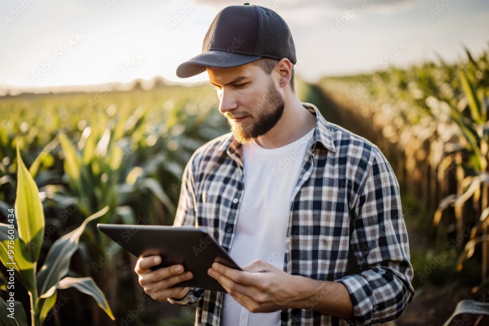 Modern Farmer Using Technology in Crops Field with Tablet Modern Farmer Using Technology in Crops Field with Tablet