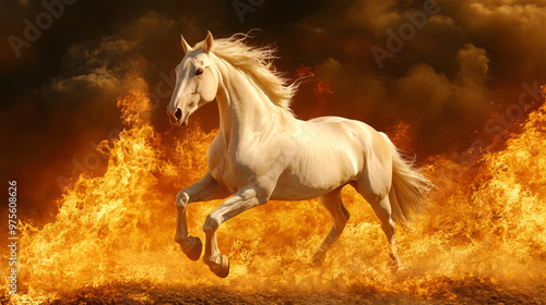 horse running in fire on background