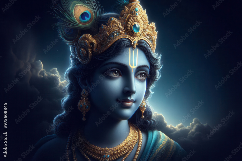 A striking portrait of Lord Krishna set against a dark, dramatic sky A striking portrait of Lord Krishna set against a dark, dramatic sky