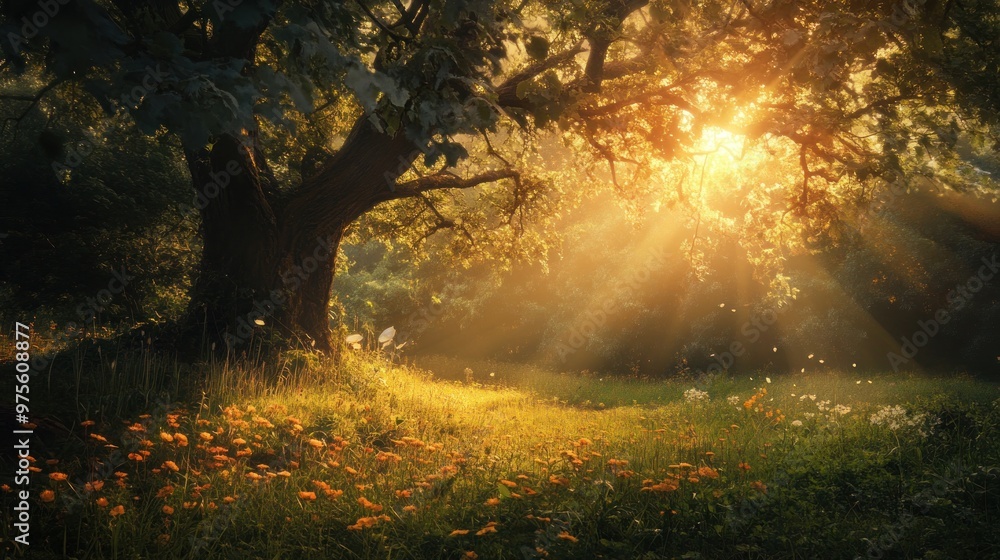 Obraz premium Sunlight Filtering Through a Forest Canopy