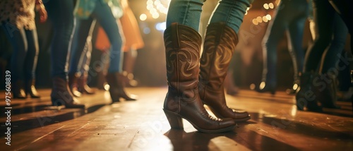 A close-up scene of people in cowboy boots dancing on a wooden floor in a lively, rustic setting filled with vibrant lights. photo