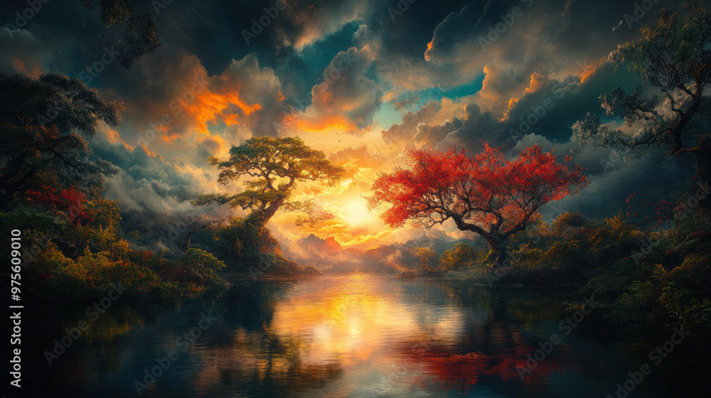 The blazing sun sets behind the horizon, casting a warm glow over the entire landscape and sky. The blazing sun sets behind the horizon, casting a warm glow over the entire landscape and sky.