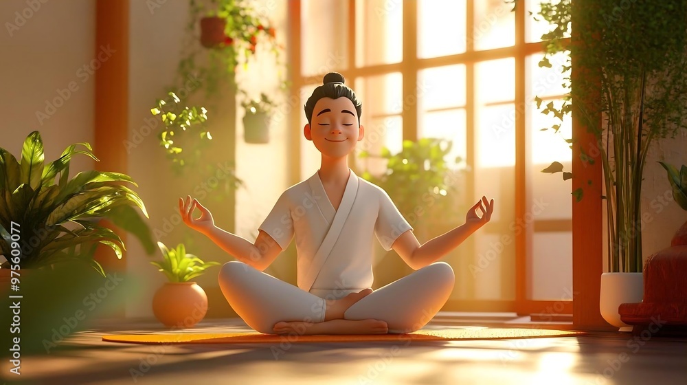 Cartoon Man Meditating in a Sunlit Room with Plants Cartoon Man Meditating in a Sunlit Room with Plants
