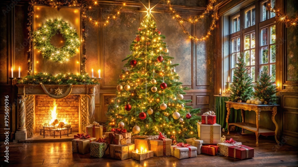 A majestic Christmas tree adorned with a delicate, sparkling chain of fairy lights, surrounded by festive ornaments and gifts, evoking a sense of holiday magic. A majestic Christmas tree adorned with a delicate, sparkling chain of fairy lights, surrounded by festive ornaments and gifts, evoking a sense of holiday magic.