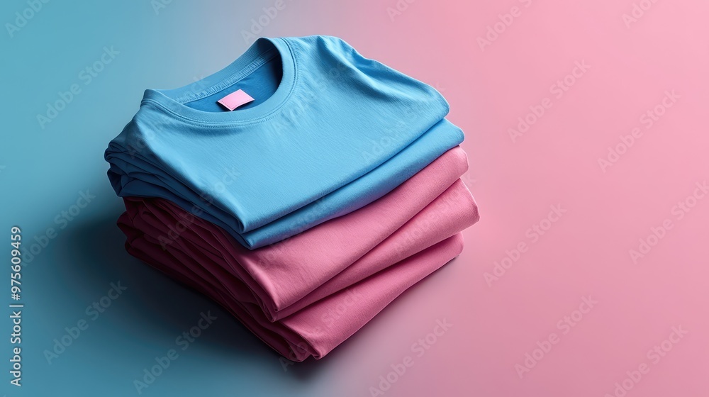 Elegant mockup displaying a stack of folded pink and blue square t-shirts, arranged to emphasize color contrast and neat folds Elegant mockup displaying a stack of folded pink and blue square t-shirts, arranged to emphasize color contrast and neat folds