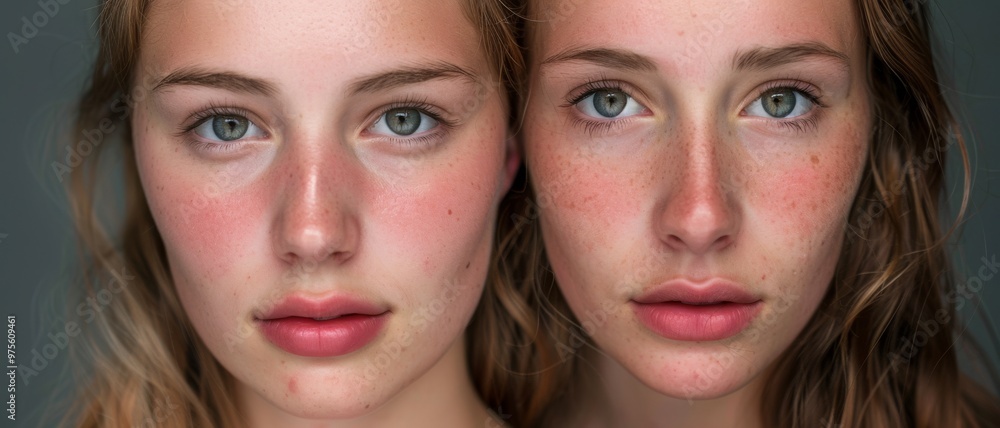 A close-up portrait of two young women with natural expressions and clear blue eyes, capturing a sense of calm and authenticity. A close-up portrait of two young women with natural expressions and clear blue eyes, capturing a sense of calm and authenticity.
