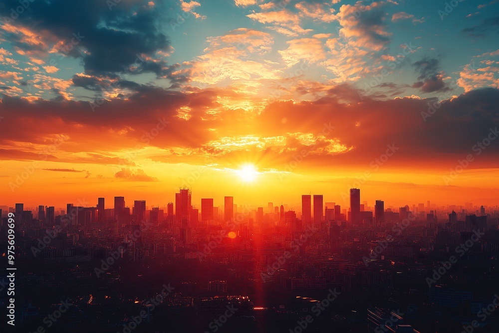 Fototapeta premium Dramatic orange sky with fluffy clouds over a bustling city skyline at sunset