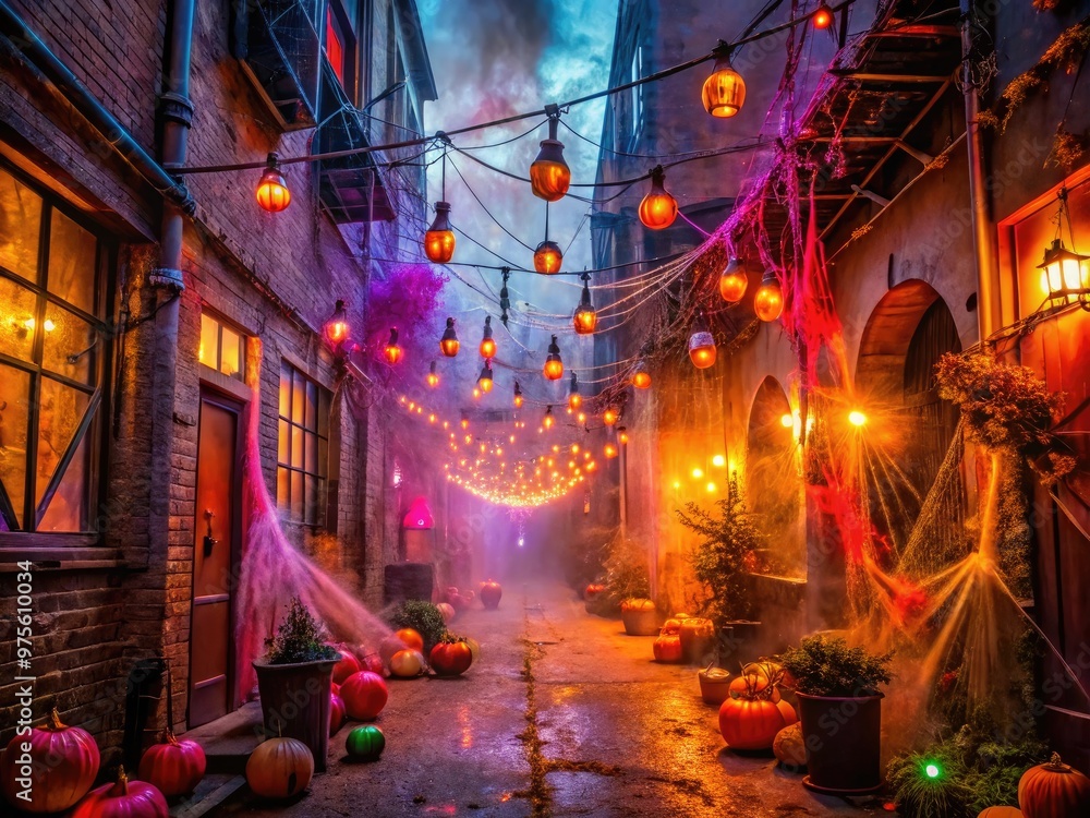 Obraz premium A mysterious, fog-shrouded alleyway in Long Island City transforms into a vibrant, neon-lit Halloween party scene, complete with cobwebs, lanterns, and jack-o'-lanterns.