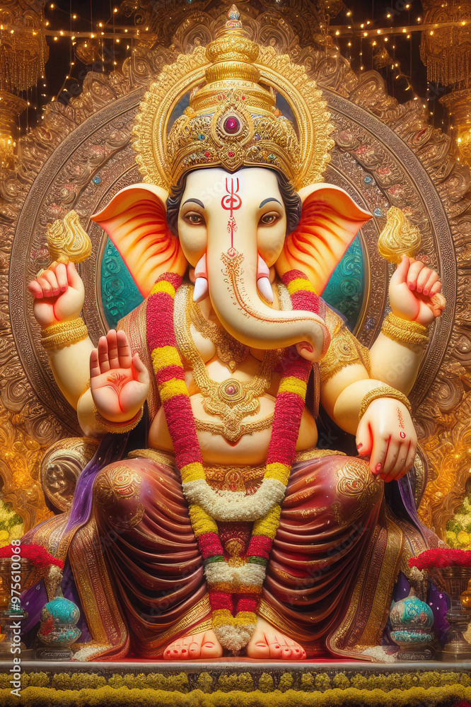 A detailed and vibrant depiction of Lalbaugcha Raja, the famous form of Ganapati Bappa worshipped during Ganesh Chaturthi A detailed and vibrant depiction of Lalbaugcha Raja, the famous form of Ganapati Bappa worshipped during Ganesh Chaturthi