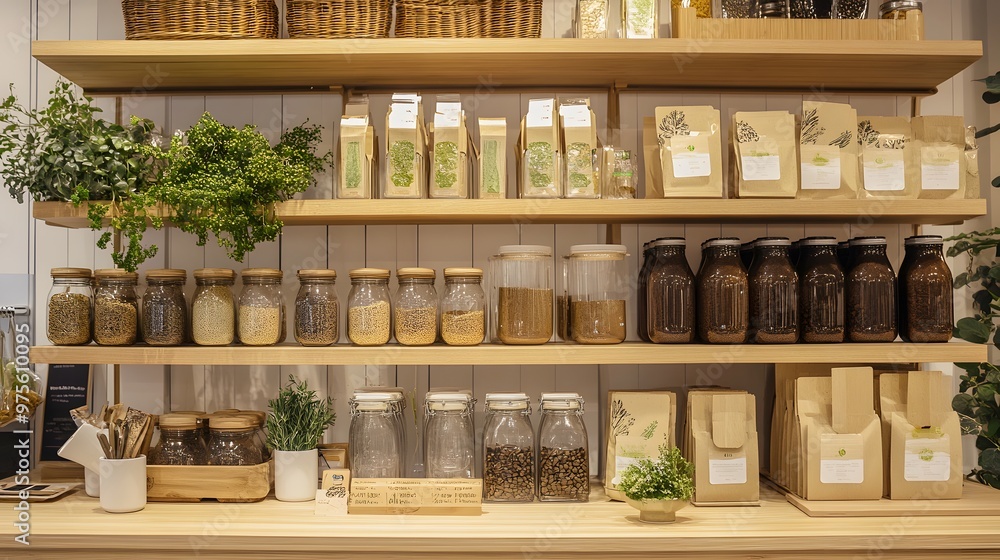 Eco-friendly packaging displayed on a shelf in a sustainable lifestyle store Eco-friendly packaging displayed on a shelf in a sustainable lifestyle store
