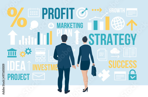  Plan. Start. Leader. Business couple standing in front of business icons. Business vector illustration.
