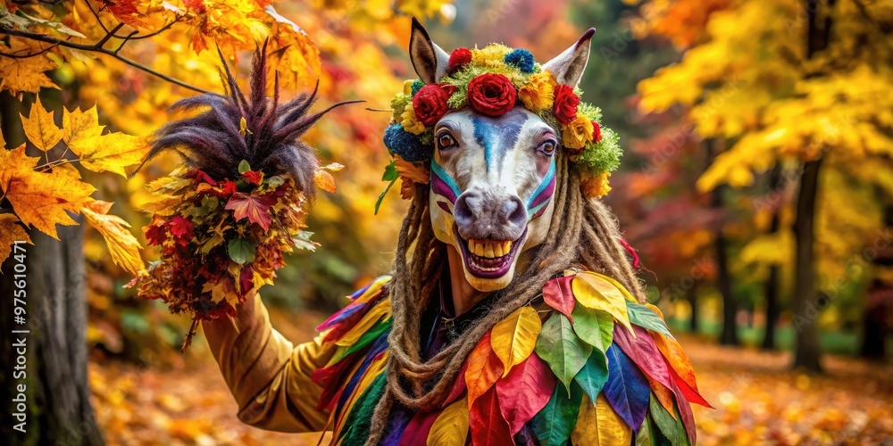 A mythical creaturedressed in a colorful disguise, half-human and half-horse, posing with a wicked grin and autumn leaves, perfect for spooky season celebrations. A mythical creaturedressed in a colorful disguise, half-human and half-horse, posing with a wicked grin and autumn leaves, perfect for spooky season celebrations.
