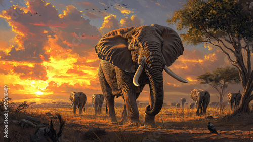 African Elephant Herd at Sunset