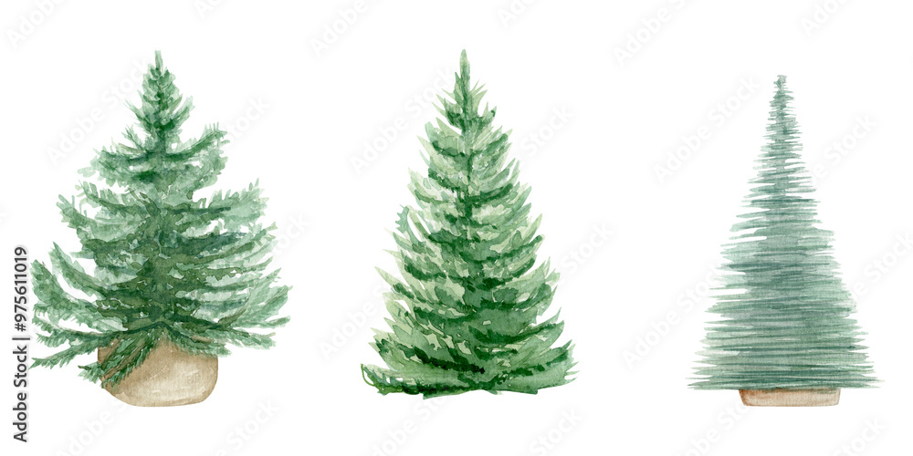 Fototapeta premium Watercolor set illustration with three Christmas trees, on white background, hand drawn