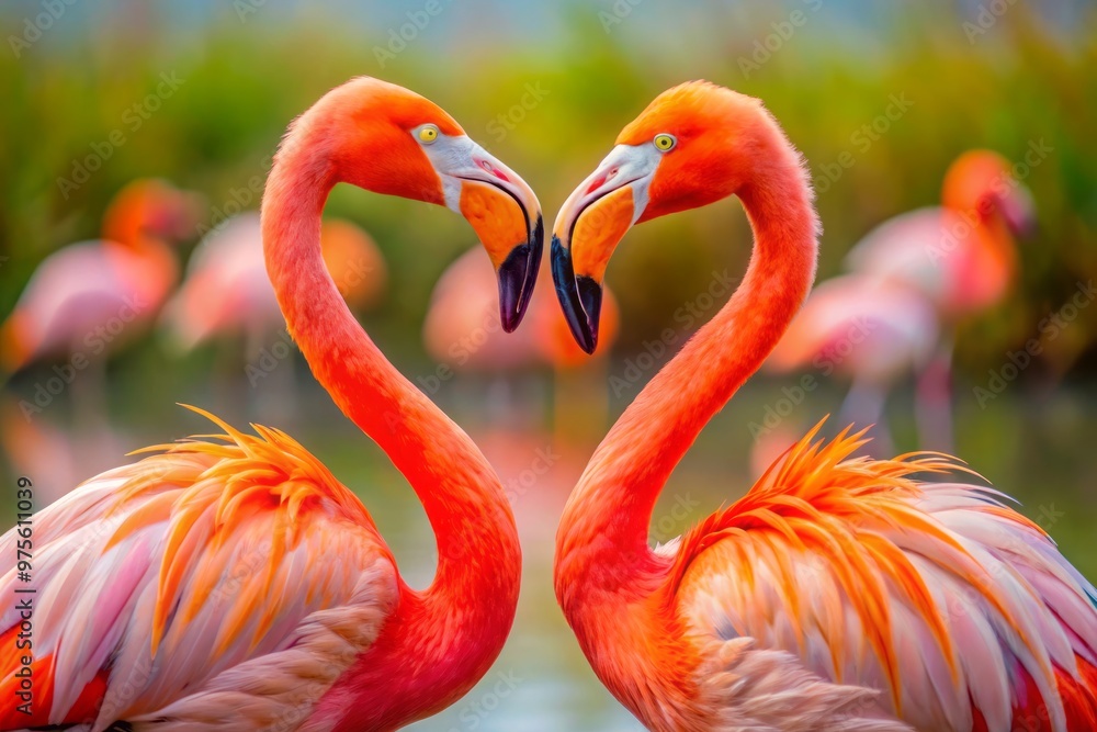 Fototapeta premium A pair of pink flamingos with vibrant orange and yellow beaks, entwined in a tender embrace, amidst a scenic African savannah landscape.