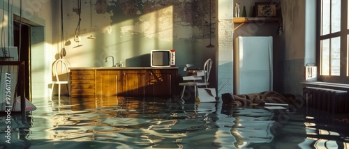 Sunlight streams into a flooded room with vintage furniture, creating a surreal scene filled with reflections and shadows. photo