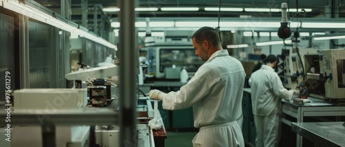 Factory worker in white uniform focuses on his task in an organized, high-tech manufacturing facility, reflecting dedication and industrial efficiency.