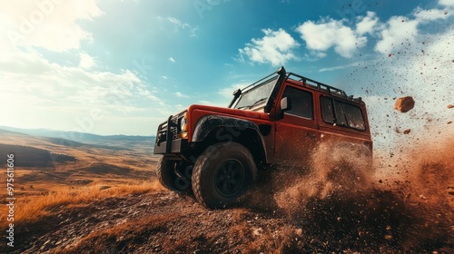 Fototapeta Naklejka Na Ścianę i Meble -  An off-road car on an adventure, tackling rugged terrain with ease, built for exploration and outdoor thrills.