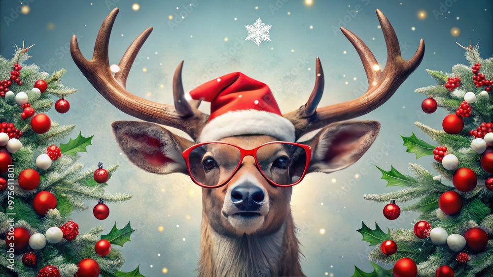 A playful reindeer wearing sunglasses and a Santa hat delivers a festive holiday card with a cheeky grin, surrounded by ornaments and holly. A playful reindeer wearing sunglasses and a Santa hat delivers a festive holiday card with a cheeky grin, surrounded by ornaments and holly.