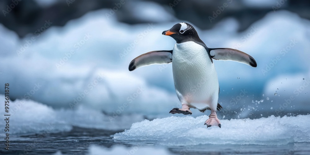 Fototapeta premium penguin waddling on ice geographic photography style