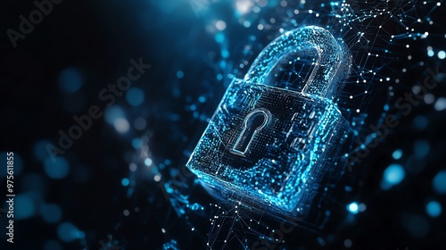 Digital padlock surrounded by data particles, symbolizing cybersecurity, data protection, and digital privacy on a dark background.