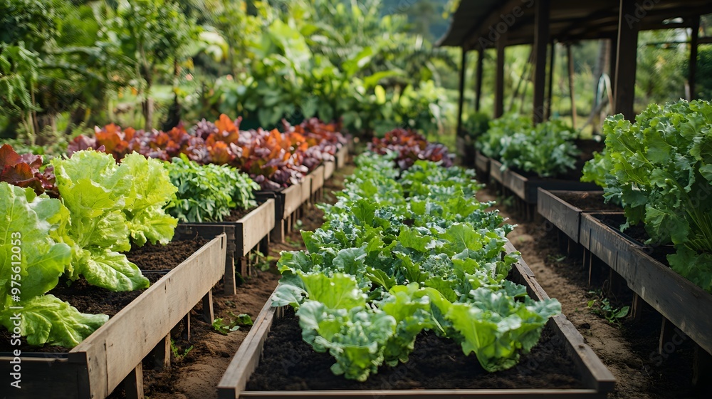 Organic farming with a variety of crops growing in raised beds using sustainable practices Organic farming with a variety of crops growing in raised beds using sustainable practices