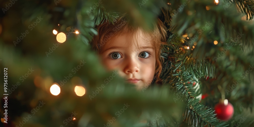 A child peeking out from behind a Christmas tree A child peeking out from behind a Christmas tree