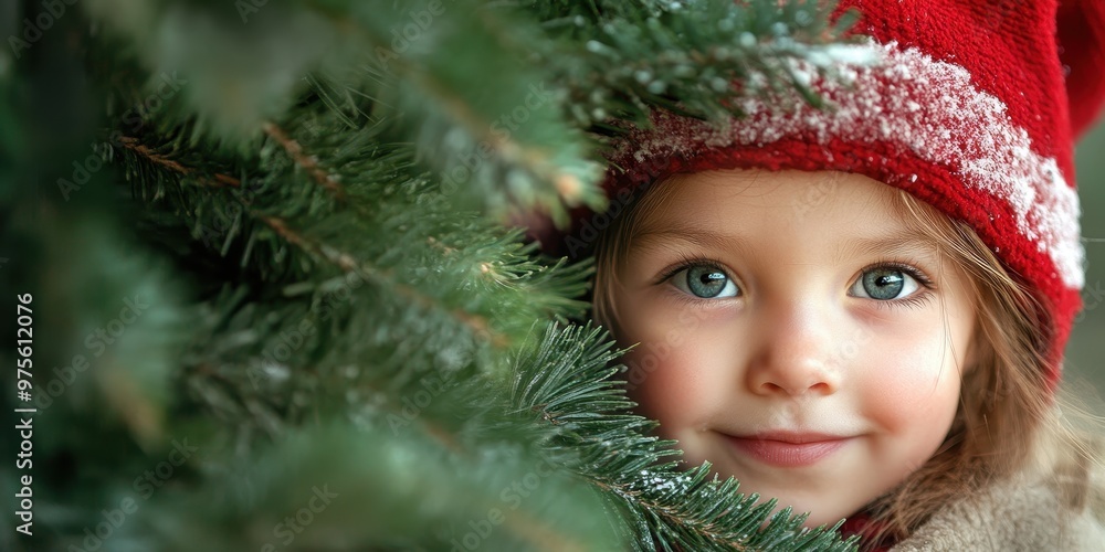 A child peeking out from behind a Christmas tree A child peeking out from behind a Christmas tree