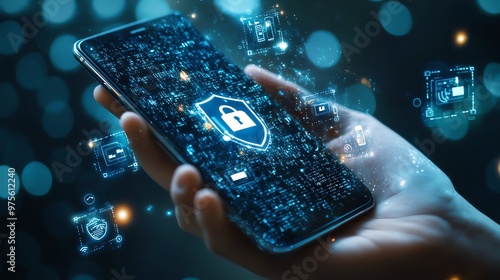 Hand holding smartphone with digital lock and security symbols. Concept of mobile data protection, cybersecurity, and privacy.