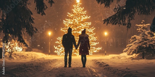 A couple holding hands by the Christmas tree