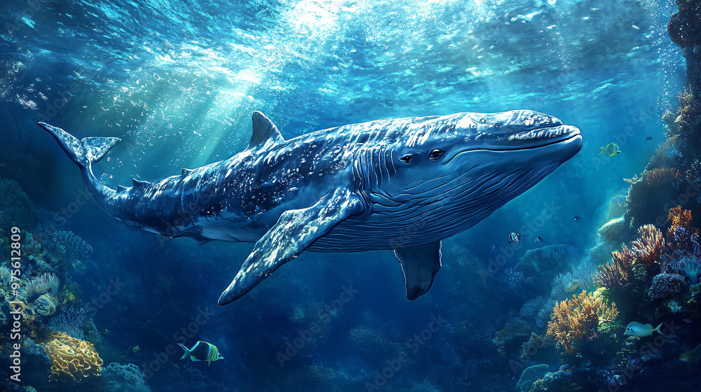 Whale Swimming in a Vibrant Coral Reef Whale Swimming in a Vibrant Coral Reef