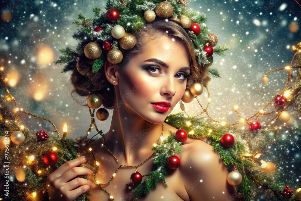 A sensual, festive scene featuring a beautiful, bare-skinned female figure adorned with sparkling ornaments and surrounded by snowflakes, mistletoe, and Christmas lights. A sensual, festive scene featuring a beautiful, bare-skinned female figure adorned with sparkling ornaments and surrounded by snowflakes, mistletoe, and Christmas lights.