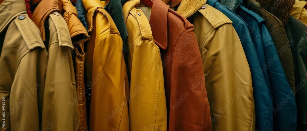 A collection of colorful winter coats hanging on a metal rod, displayed in an organized and vibrant manner. A collection of colorful winter coats hanging on a metal rod, displayed in an organized and vibrant manner.