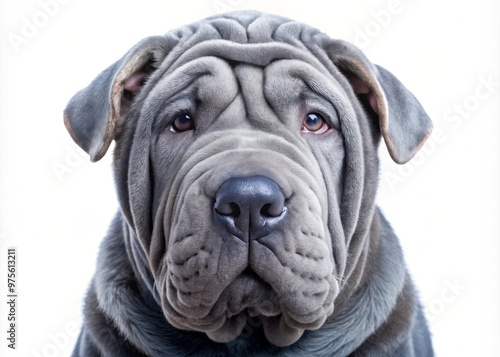 A wrinkled blue Shar Pei with big floppy ears and a pouty face gazes up at you with big, round eyes. photo