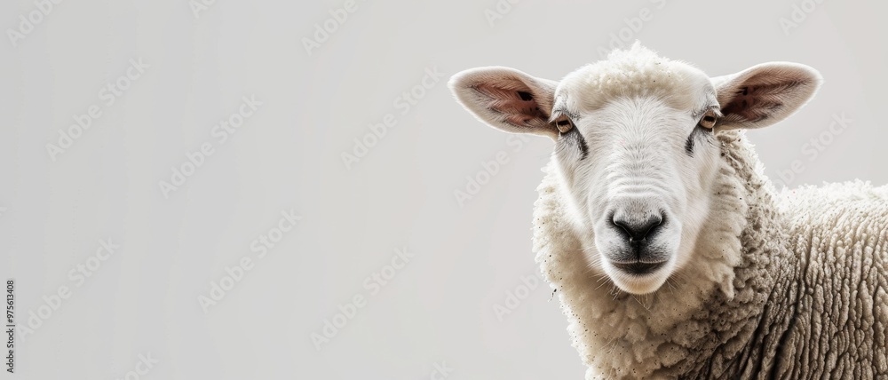 Fototapeta premium A close-up of a white sheep against a plain background, emphasizing its curly wool and expressive face.