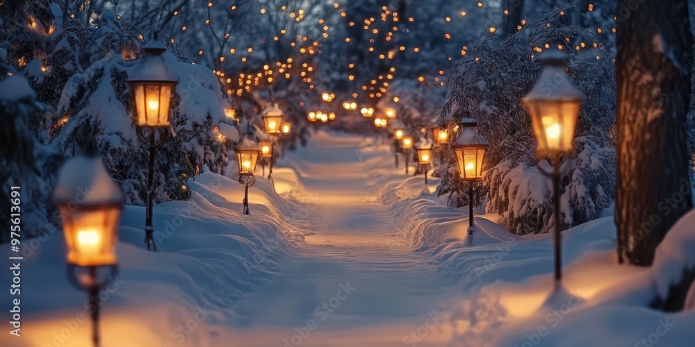 A snowy path lined with Christmas lanterns A snowy path lined with Christmas lanterns
